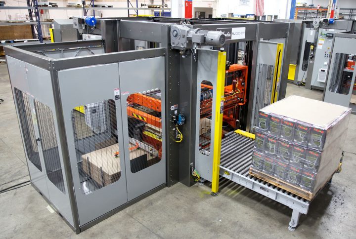 Image of a FL1000 floor level palletizer with stretch wrapper.